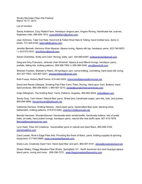 Smoky Mountain Fiber Arts Festival March 16-17, 2012 List of ...