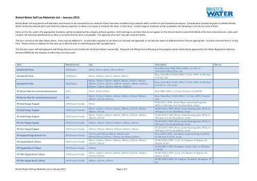 Approved Materials List Bristol Water Approved Materials List Bristol Water