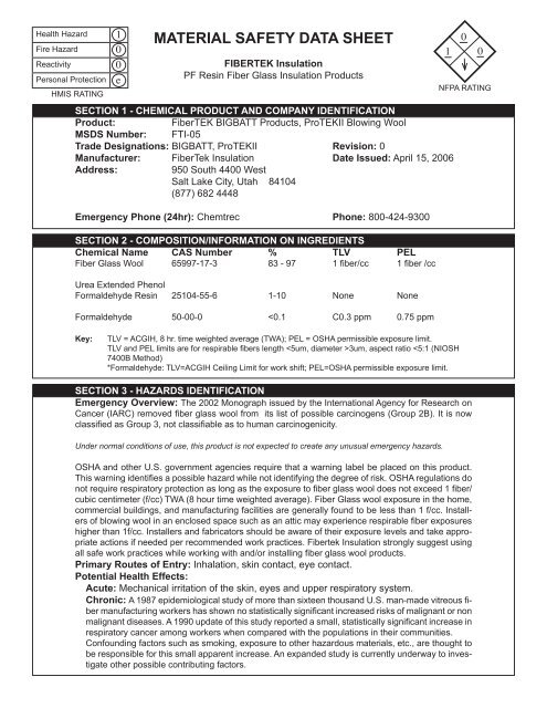 MATERIAL SAFETY DATA SHEET - FiberTEK Insulation