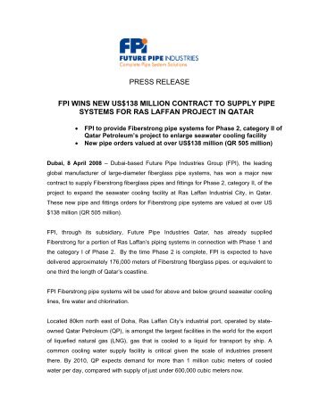 fpi wins new us $138 million contract - Future Pipe Industries