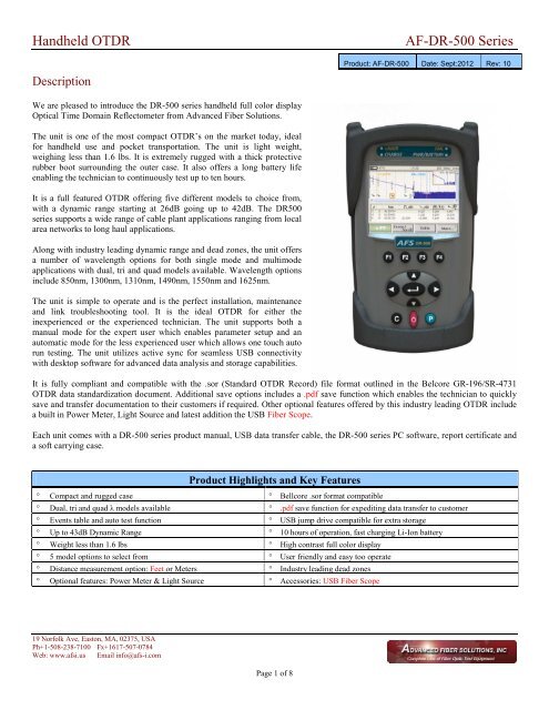 Advanced Fiber Solutions DR-500 Series OTDR - Data ... - TestEquity