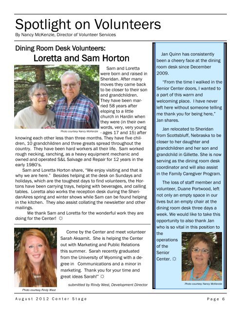 August 2012 Newsletter - Sheridan Senior Center