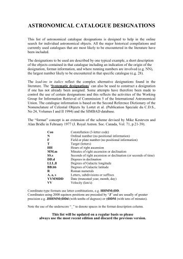 astronomical catalogue designations - Handbook of Space ...