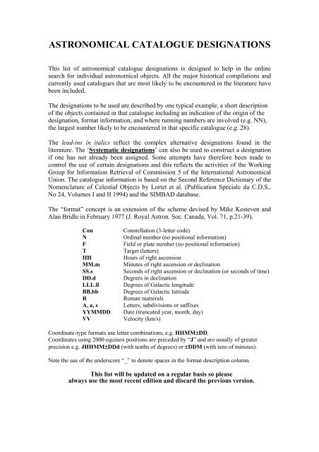 astronomical catalogue designations - Handbook of Space ...