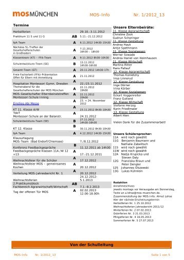 aktuelle Infoblatt der MOS - Montessorischule Hohenbrunn