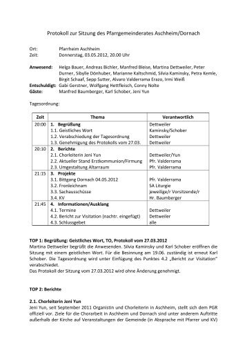 Protokoll zur Sitzung des Pfarrgemeinderates Aschheim/Dornach