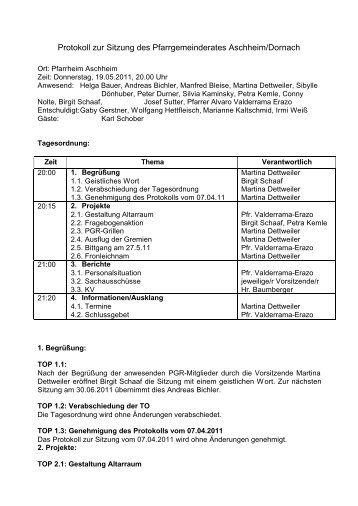 Protokoll zur Sitzung des Pfarrgemeinderates Aschheim/Dornach