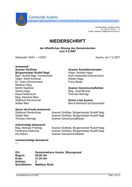 Gemeinderatssitzung vom 5.2.2007 - .PDF - Gemeinde Axams