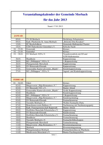 Veranstaltungskalender der Gemeinde Morbach für das Jahr 2013