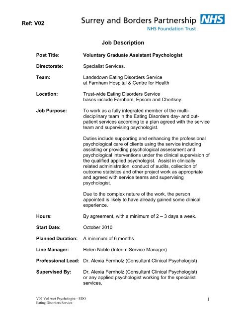 Ref: V02 Job Description - Surrey and Borders Partnership NHS ...