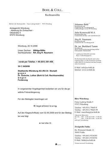Klageerwiderung vom 20.10.2008 - Bohl & Collegen Rechtsanwälte