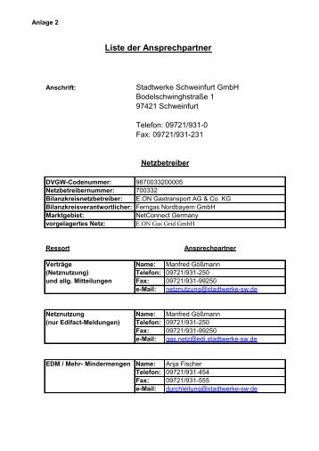 Liste der Ansprechpartner - Stadtwerke Schweinfurt GmbH