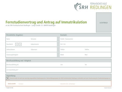 Antrag auf Immatrikulation - SRH FernHochschule Riedlingen