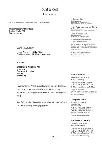 Schriftsatz vom 25.10.2011 - Bohl & Collegen Rechtsanwälte