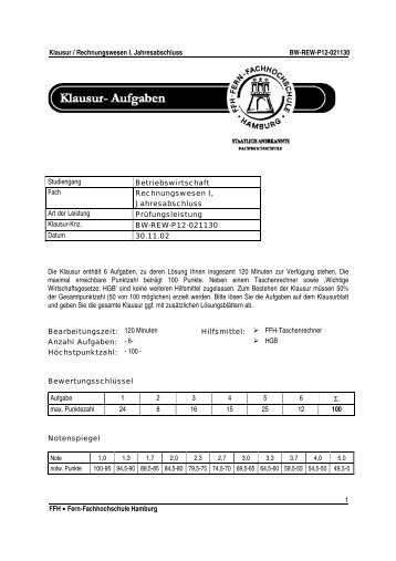 Klausur / Rechnungswesen I, Jahresabschluss BW-REW-P12 ...