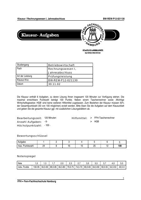 Klausur / Rechnungswesen I, Jahresabschluss BW-REW-P12 ...