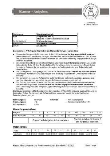 HFH · Hamburger Fern-Hochschule Klausur ABW II, Material- und ...