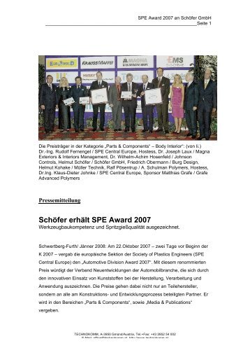 Schöfer erhält SPE Award 2007 - Schöfer GmbH