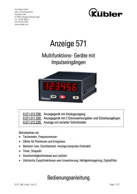 Instructions d'utilisation - Fritz Kübler GmbH Zähl- und Sensortechnik