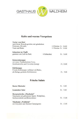 Unsere Speisekarte - Gasthaus Waldheim, Hermetschwil