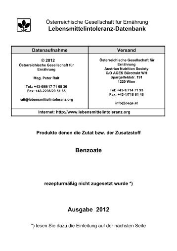 Lebensmittelintoleranz-Datenbank Benzoate Ausgabe 2012