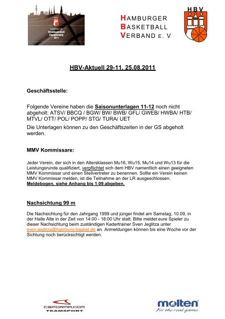 HBV-Aktuell 29-11, 25.08.2011 - Hamburger Basketball Verband eV