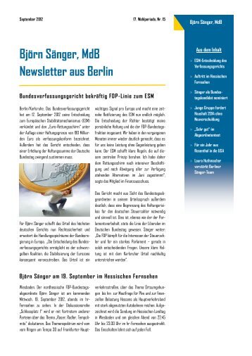 Björn Sänger, MdB Newsletter aus Berlin