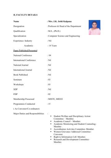 II. FACULTY DETAILS Name : Mrs. J.K. Jothi Kalpana Designation ...