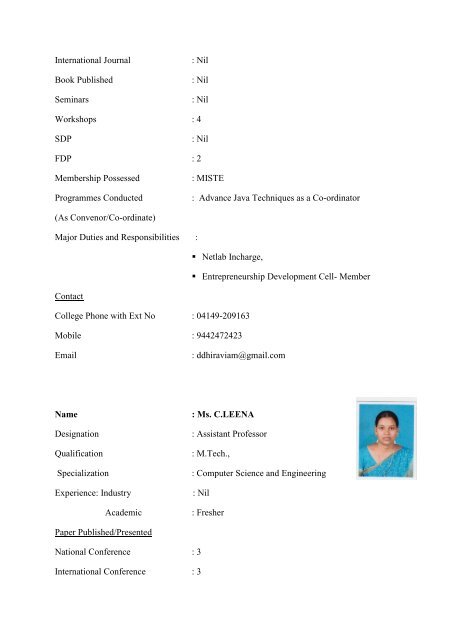 II. FACULTY DETAILS Name : Mrs. J.K. Jothi Kalpana Designation ...