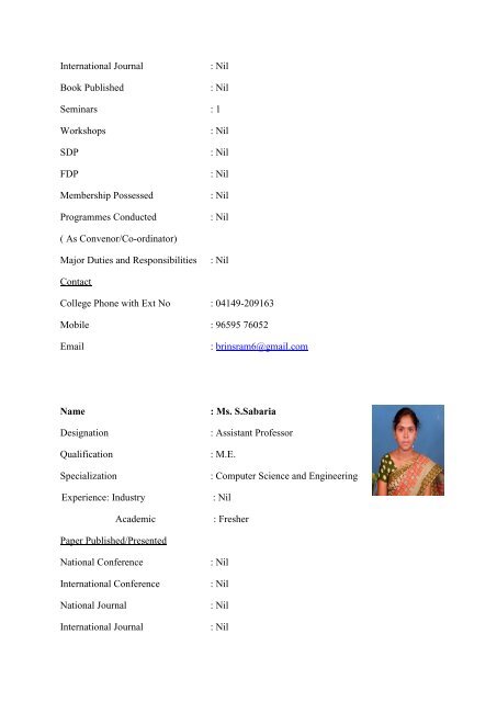 II. FACULTY DETAILS Name : Mrs. J.K. Jothi Kalpana Designation ...