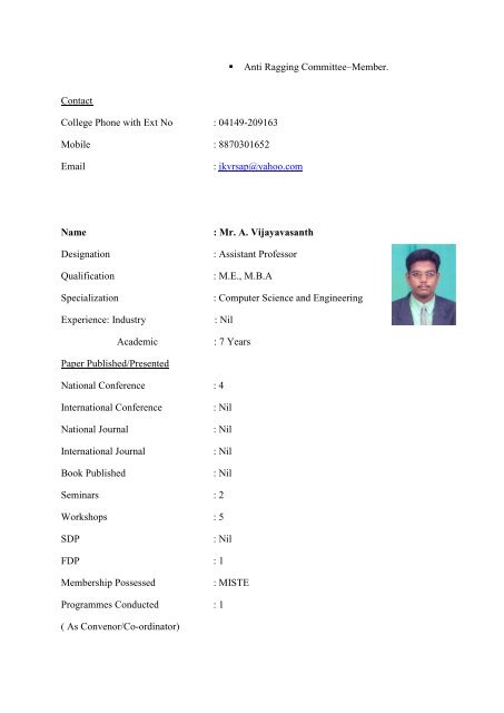 II. FACULTY DETAILS Name : Mrs. J.K. Jothi Kalpana Designation ...
