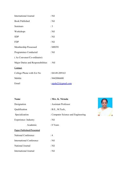 II. FACULTY DETAILS Name : Mrs. J.K. Jothi Kalpana Designation ...