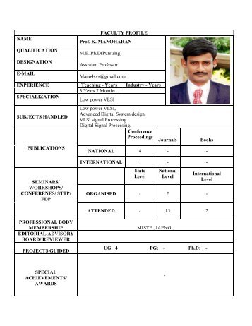 FACULTY PROFILE NAME Prof. K. MANOHARAN QUALIFICATION ...