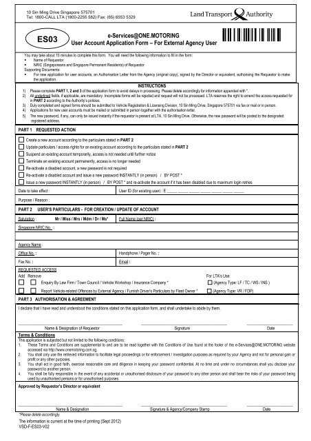 E-Services@ONE.MOTORING User Account Application Form – For 