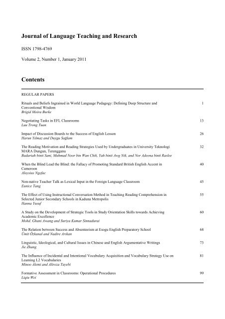 Journal of Language Teaching and Research Contents