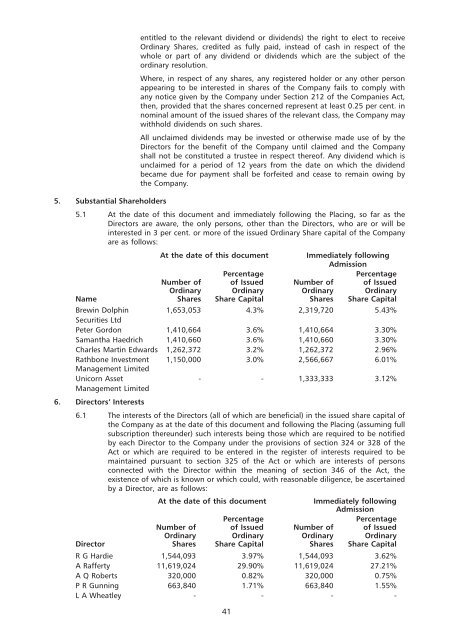 PLACINGAND ADMISSION TO AIM