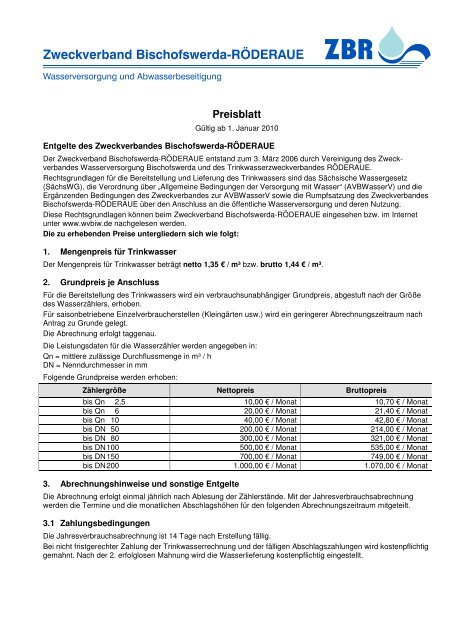 Preisblatt ZBR - Wasserversorgung Bischofswerda GmbH