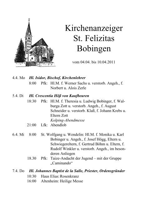 Kirchenanzeiger St. Felizitas Bobingen - Bistum Augsburg