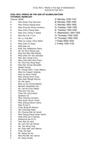 CCGL9011 Tutorial Name List