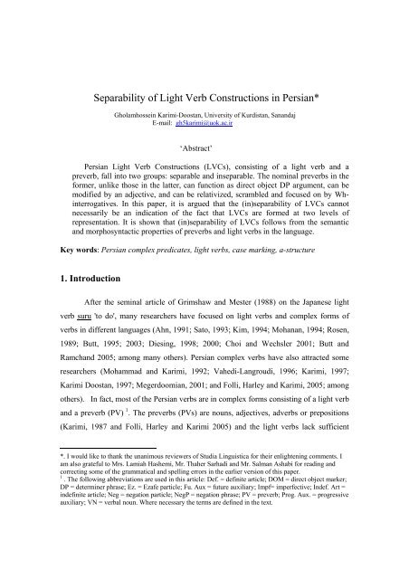 Separability of Light Verb Constructions in Persian*