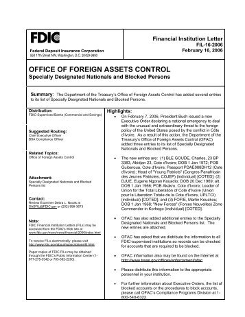 OFFICE OF FOREIGN ASSETS CONTROL - FDIC