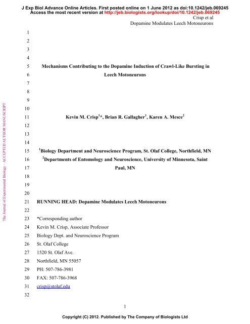 Crisp et al Dopamine Modulates Leech Motoneurons 1 1 2 3 4 ...