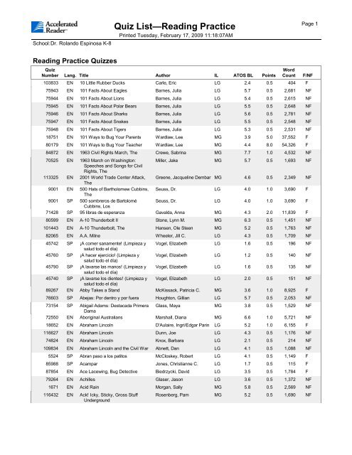 Quiz List—Reading Practice - Dr. Rolando Espinosa K-8 Center