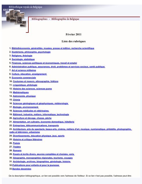 Bibliographie De Belgique Fevrier 2011 Koninklijke Bibliotheek