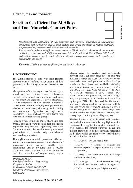 Friction Coefficient for Al Alloys and Tool Materials Contact Pairs