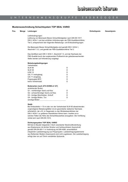 Ausschreibungstext Schachtsystem TOP SEAL ... - Betonwerk Bieren