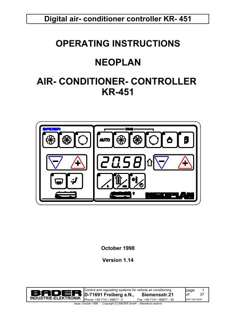 neoplan air- conditioner- controller kr-451 - Bader GmbH