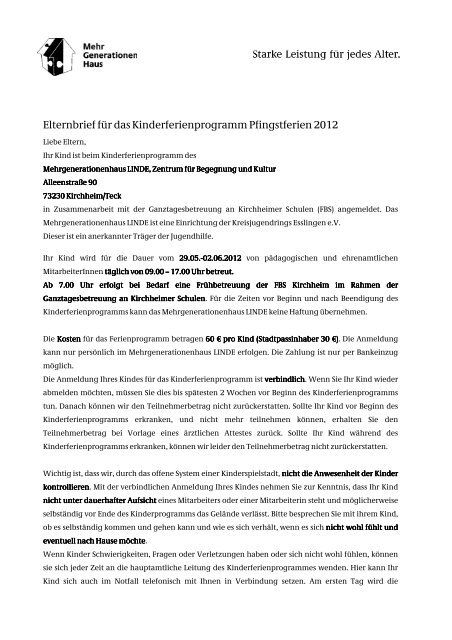 Elternbrief Blattstadt 2012 - Mehrgenerationenhaus LINDE Kirchheim