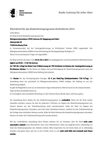 Elternbrief Herbst 2012 - Mehrgenerationenhaus LINDE Kirchheim