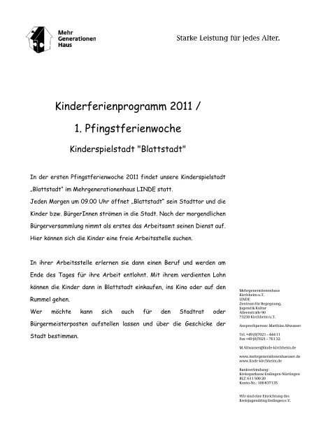 Anschreiben - Mehrgenerationenhaus LINDE Kirchheim